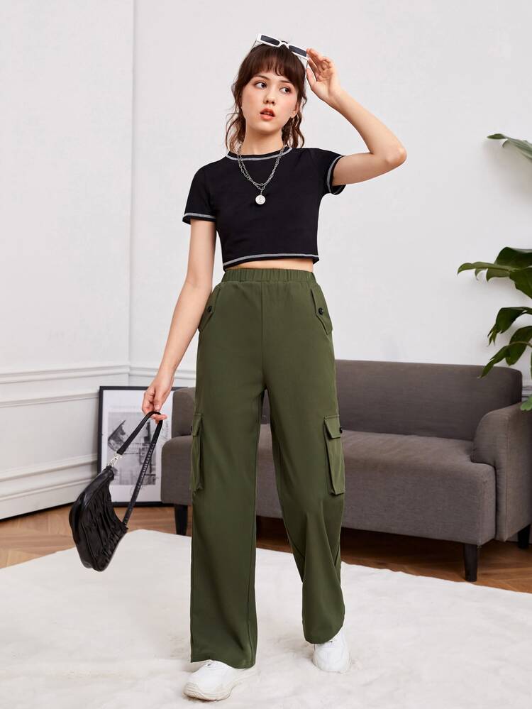 SHEIN Quần con gái Nút Túi màu trơn Giải trí - xanh quân đội - Xem 6