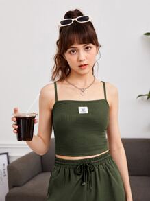 SHEIN 青少年女孩字母貼布吊帶上衣和翻蓋口袋腰部抽繩長褲 - 軍綠色 - 查看 5