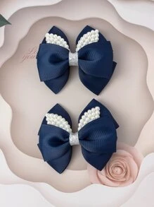 2pcs Toddler Girls Faux Pearl & Bow Decor Hair Clip