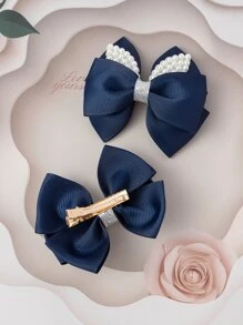 2pcs Toddler Girls Faux Pearl & Bow Decor Hair Clip