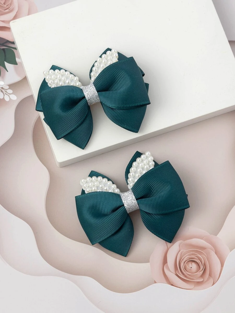 2个少女仿珍珠蝴蝶结装饰时尚发夹 - 墨綠色 - 查看 1