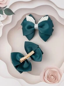 2个少女仿珍珠蝴蝶结装饰时尚发夹 - 墨綠色 - 查看 3