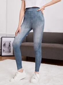 SHEIN Teen Girl Denim-Effect Print High Waist Jeggings - Multicolor - View 1