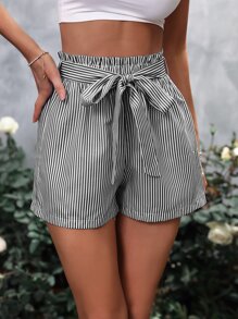 SHEIN VCAY Striped Print Paperbag Waist Belted Shorts - Black and White - View 3