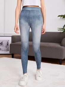 SHEIN Teen Girl Denim-Effect Print High Waist Jeggings - Multicolor - View 3