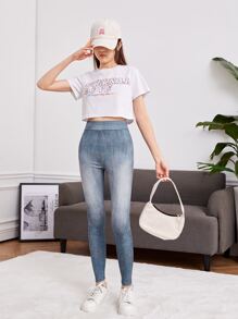 SHEIN Teen Girl Denim-Effect Print High Waist Jeggings - Multicolor - View 5