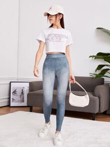 SHEIN Teen Girl Denim-Effect Print High Waist Jeggings - Multicolor - View 6