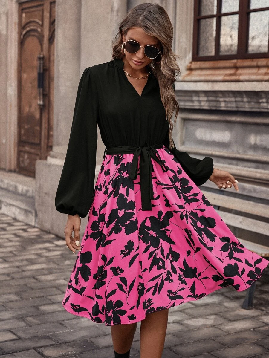 SHEIN LUNE 印花燈籠袖繫腰帶洋裝