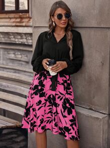 SHEIN LUNE 印花燈籠袖繫腰帶洋裝