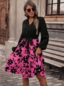 SHEIN LUNE 印花燈籠袖繫腰帶洋裝