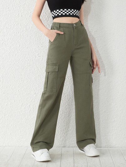SHEIN Chicas adolescentes Jeans cargo con bolsillo con solapa