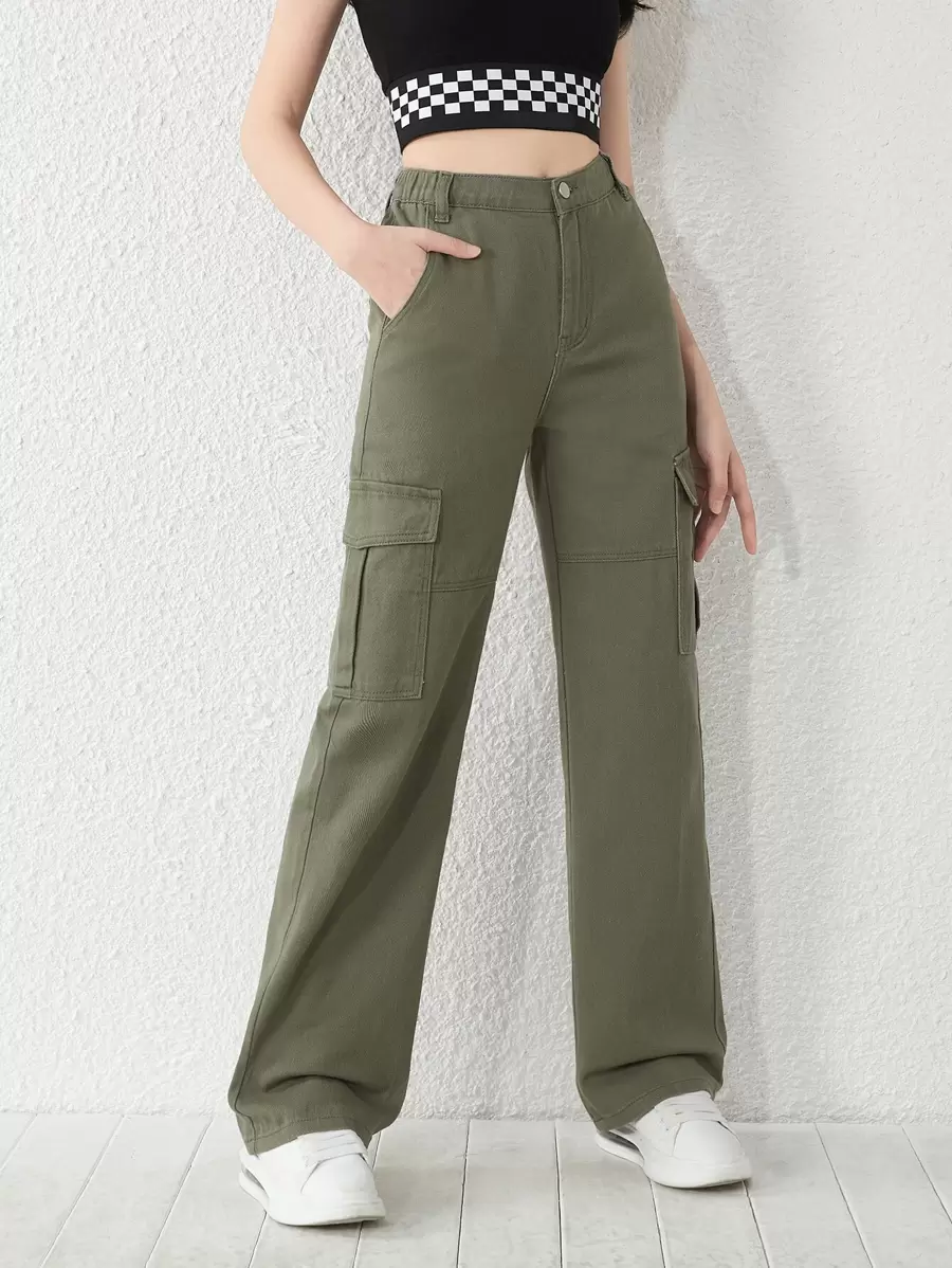 SHEIN Teen Girls Flap Pocket Cargo Jeans - Army Green - View 1