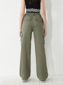 SHEIN Teen Girls Flap Pocket Cargo Jeans - Army Green - View 2