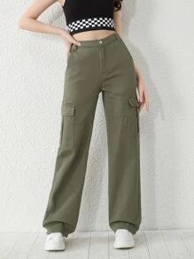SHEIN Teen Girls Flap Pocket Cargo Jeans - Army Green - View 3