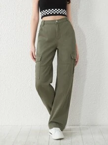 SHEIN Teen Girls Flap Pocket Cargo Jeans - Army Green - View 4