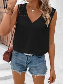 SHEIN LUNE Swiss Dot Contrast Lace Tank Top - Black - View 4