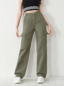 SHEIN Teen Girls Flap Pocket Cargo Jeans - Army Green - View 5
