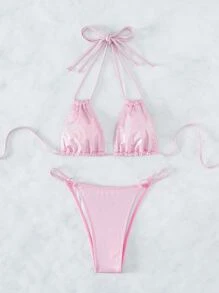 Swim SXY Glitter Bikini Set Halter Micro Triangle Bra & Ring Linked Cheeky Bottom 2 Pieces Bikini Summer Beach - Baby Pink - View 3