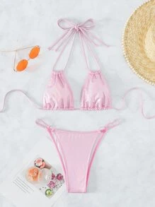 Swim SXY Glitter Bikini Set Halter Micro Triangle Bra & Ring Linked Cheeky Bottom 2 Pieces Bikini Summer Beach - Baby Pink - View 4