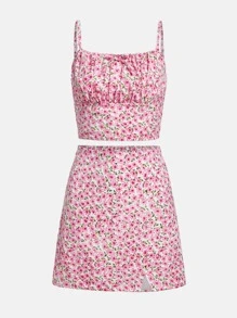 SHEIN 青少年女孩碎花胸部褶皺吊帶上衣和開衩短裙 - 彩色 - 查看 1