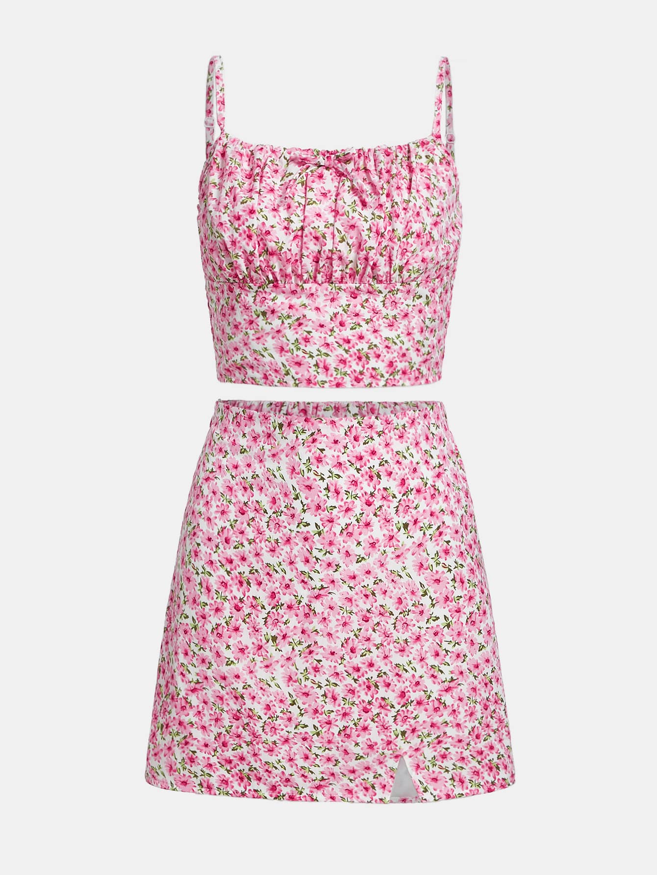 SHEIN 青少年女孩碎花胸部褶皺吊帶上衣和開衩短裙 - 彩色 - 查看 1