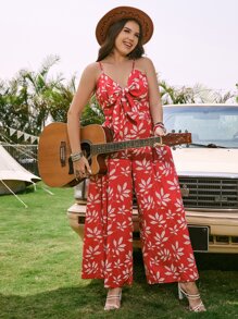 SHEIN VCAY Plus Plants Print Knot Front Cami Top & Wide Leg Trousers - Multicolor - View 2