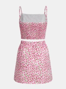 SHEIN 青少年女孩碎花胸部褶皺吊帶上衣和開衩短裙 - 彩色 - 查看 2