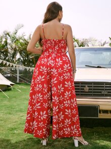 SHEIN VCAY Plus Plants Print Knot Front Cami Top & Wide Leg Trousers - Multicolor - View 3