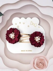 2入組小女童花朵裝飾時尚髮夾 - 酒紅色 - 查看 2
