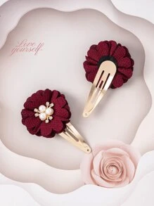 2入組小女童花朵裝飾時尚髮夾 - 酒紅色 - 查看 3