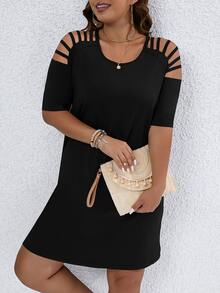 SHEIN LUNE Vestido estilo camiseta con abertura escalonada de manga raglán - Negro - Ver 3