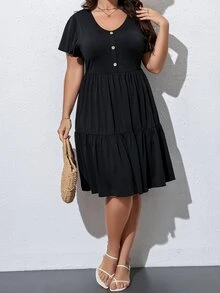 SHEIN LUNE Vestido de manga mariposa bajo con fruncido - Negro - Ver 3