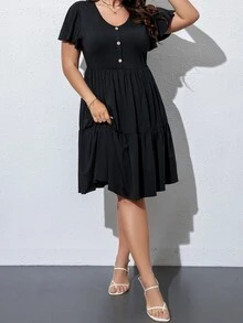 SHEIN LUNE Vestido de manga mariposa bajo con fruncido - Negro - Ver 4