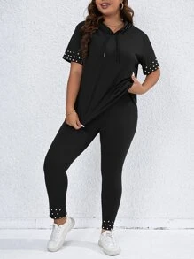 SHEIN LUNE Plus Pearls Beaded Drawstring Hooded Tee & Leggings - Black - View 1