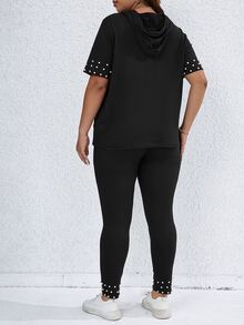 SHEIN LUNE Plus Pearls Beaded Drawstring Hooded Tee & Leggings - Black - View 2