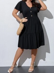 SHEIN LUNE Vestido de manga mariposa bajo con fruncido - Negro - Ver 5