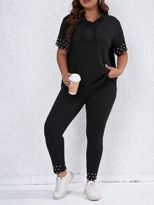 SHEIN LUNE Plus Pearls Beaded Drawstring Hooded Tee & Leggings - Black - View 3