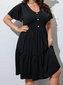 SHEIN LUNE Vestido de manga mariposa bajo con fruncido - Negro - Ver 6