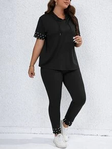 SHEIN LUNE Plus Pearls Beaded Drawstring Hooded Tee & Leggings - Black - View 4