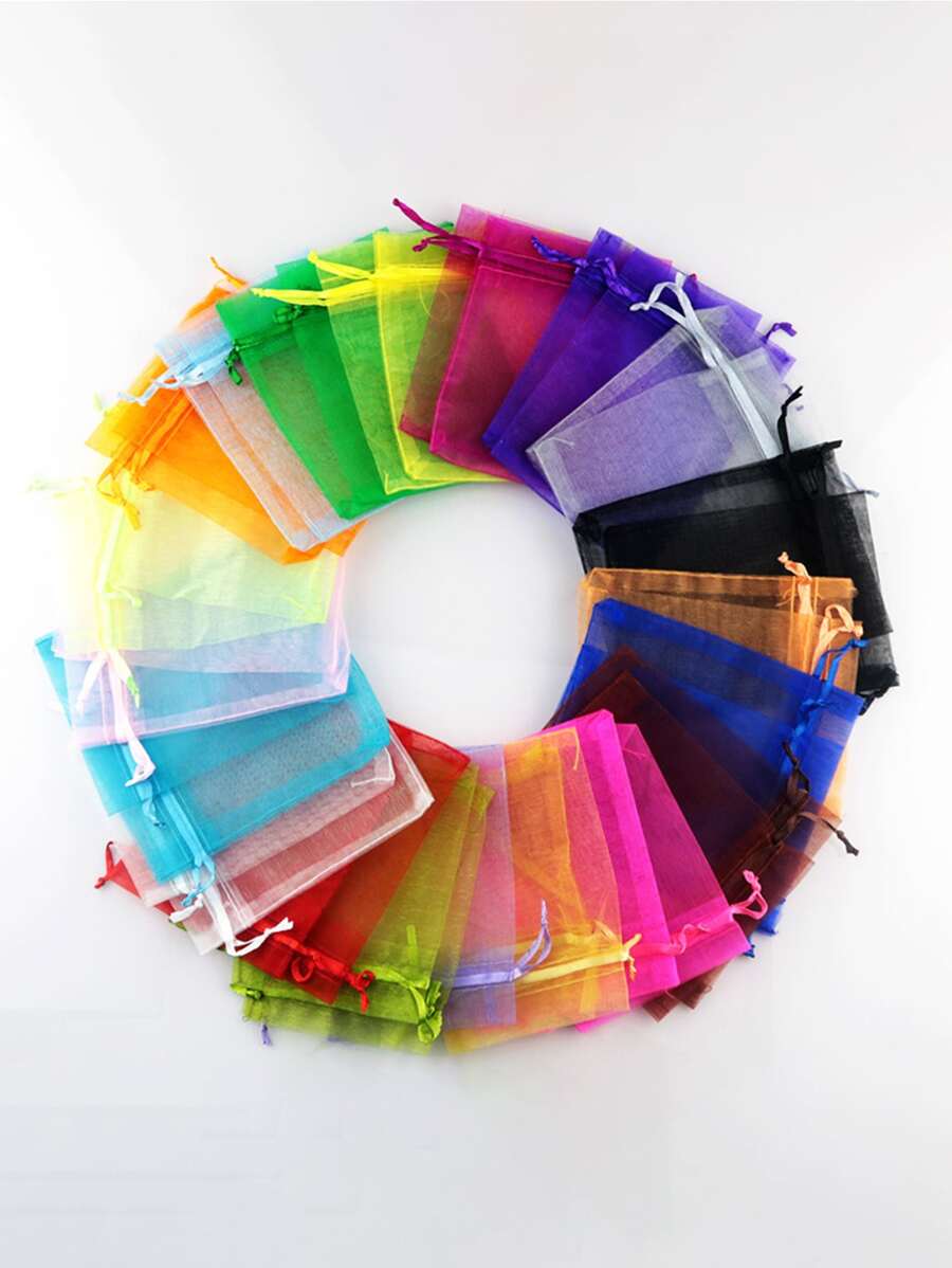 50入組混色網紗首飾類收納簡約風滌綸抽繩設計首飾袋適用於禮品 - 白色 - 查看 1