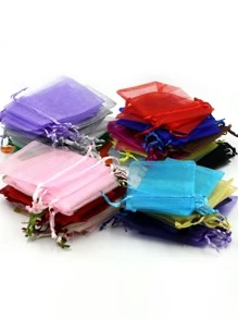 50入組混色網紗首飾類收納簡約風滌綸抽繩設計首飾袋適用於禮品 - 白色 - 查看 2