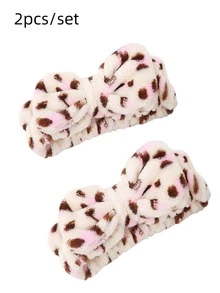 2pcs Leopard Print Bow Decor Bath Headband, Cute Fabric Facial Makeup Headband For Bathroom - Multicolor - View 3