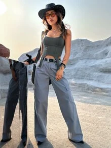 Muchica 西部風格牛仔女孩素色不對稱下擺背心上衣 - 深灰色 - 查看 6