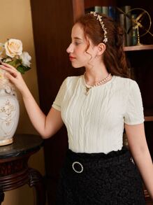 SHEIN Elegant Round Neck Textured Knit Jacquard Short Sleeve T-Shirt For Teen Girls, Summer - Beige - View 1