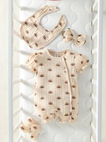 女婴童太陽印花前紐扣連身短褲 - 杏色 - 查看 1