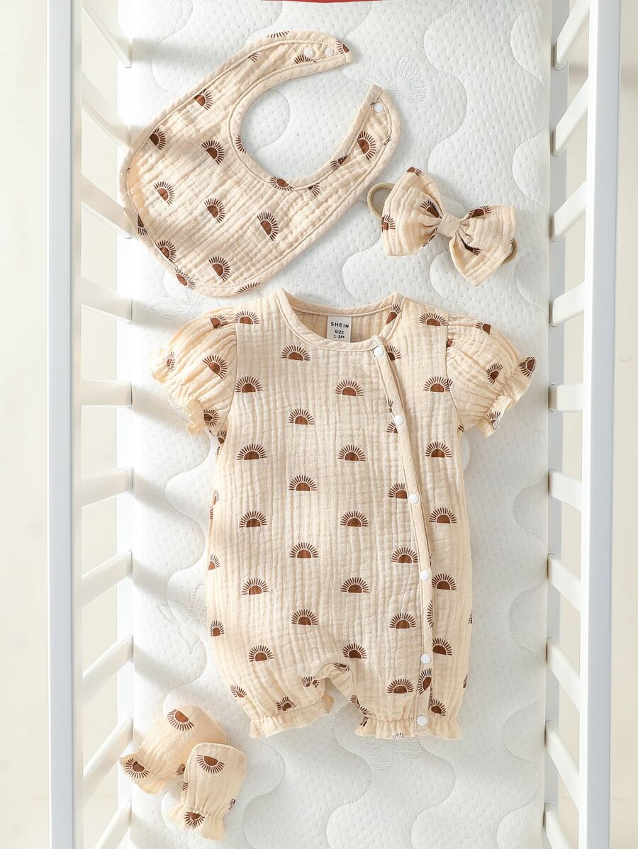 女婴童太陽印花前紐扣連身短褲 - 杏色 - 查看 1