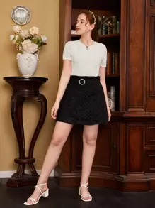 SHEIN Elegant Round Neck Textured Knit Jacquard Short Sleeve T-Shirt For Teen Girls, Summer - Beige - View 5