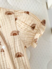 女婴童太陽印花前紐扣連身短褲 - 杏色 - 查看 4