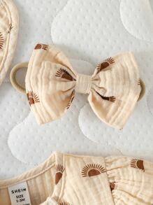 女婴童太陽印花前紐扣連身短褲 - 杏色 - 查看 6