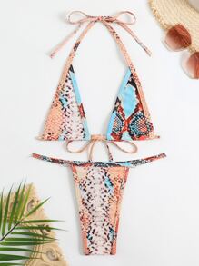 Swim SXY 夏日沙灘蛇紋印花領後三角比基尼套裝 - 彩色 - 查看 7